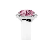 Fancy Pink Round Cut Diamond Halo Ring Set in Platinum with Cathedral Band and Prong Setting