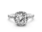Cushion Cut Diamond Halo Pavé Band Ring Set in White gold with Prong-Held Center