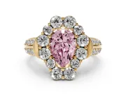 Fancy Pink Pear Cut Diamond Halo Engagement Ring Set in Yellow gold with Split Shank and Prong Setting