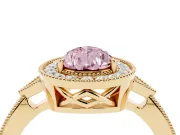 Fancy Pink Pear Cut Diamond Halo Engagement Ring Set in Yellow gold with Milgrain Pavé Band