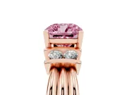 Fancy Pink Three-Stone Cushion Cut Diamond Channel Set Ring Set in Rose gold with Bar Prongs