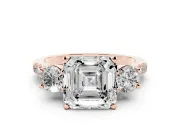 Three-Stone Asscher Cut Diamond Pavé Band Ring Set in Rose gold with Prong-Set Trio