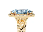 Fancy Blue Marquise Cut Diamond Halo Ring Set in Yellow gold with Scrollwork Band and Prong Setting