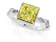 Fancy Yellow Princess Cut Diamond Vintage-Inspired Milgrain Ring Set in White gold with Marquise Stations of Round Accents