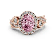 Fancy Pink Oval Cut Diamond Halo Ring Set in Rose gold with Milgrain Pavé Band and Prong Setting