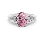 Fancy Pink Three-Stone Oval Cut Diamond Ring Set in Silver with Pear Side Stones and Prong Setting