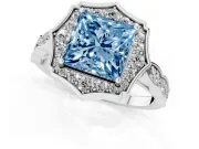 Princess Cut Vintage Scalloped Halo Engagement Ring Setting for a Fancy Blue Lab-Grown Diamond | Pave Band | White Gold