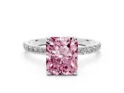 Fancy Pink Radiant Cut Diamond Solitaire Ring Set in Platinum with Round Pavé Band and Prong Setting