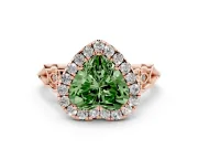 Fancy Green Heart Cut Diamond Halo Engagement Ring Set in Rose gold with Filigree Band and Prong-Set Center