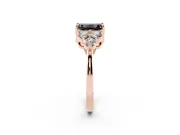 Fancy Black Emerald Cut Diamond Solitaire Ring Set in Rose gold with Cluster Accents on Each Side
