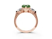 Fancy Green Heart Cut Diamond Three-Stone Ring Set in Rose gold with Milgrain Band