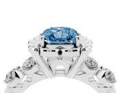 Fancy Blue Radiant Cut Diamond Floral Halo Ring Set in White gold with Shared Prong Band