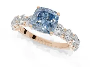 Cushion Cut Side Stone Engagement Ring Setting for a Fancy Blue Lab-Grown Diamond | Scalloped Prong Accents | Rose Gold
