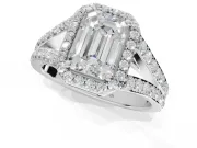 Emerald Cut Halo Pavé Engagement Ring Setting | Narrow Split Shank | White Gold