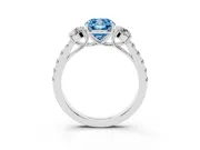 Fancy Blue Cushion Cut Diamond Three-Stone Ring Set in White gold with Round Side Stones and Delicate Pavé Band