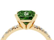 Fancy Green Princess Cut Diamond Solitaire Pavé Engagement Ring Set in Yellow gold with Round Band and Prong Setting