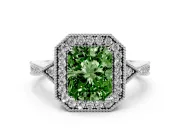 Fancy Green Radiant Cut Diamond Halo Engagement Ring Set in White gold with Milgrain Pavé Band