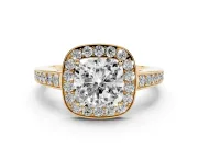 Cushion Cut Diamond Halo Pavé Engagement Ring Set in Yellow gold with Bezel Setting