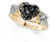 Fancy Black Heart Cut Diamond Three-Stone Ring Set in Yellow gold with Pavé Band