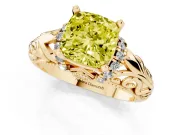 Fancy Yellow Cushion Cut Diamond Filigree Halo Engagement Ring Set in Yellow gold with Prong Setting