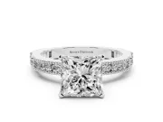 Princess Cut Diamond Solitaire Ring Set in Silver with Slim Pavé Band and Prong Setting