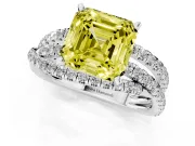 Fancy Yellow Asscher Cut Diamond Solitaire Twist Band Ring Set in White gold with Pavé Setting and Prong Head