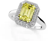 Fancy Yellow Emerald Cut Diamond Halo Engagement Ring Set in Platinum with Solitaire Band and Prong Setting