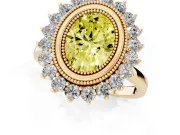 Fancy Yellow Oval Cut Diamond Halo Ring Set in Yellow gold with Milgrain Edge and Round Prong Setting