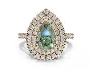 Fancy Green Pear-Shaped Lab-Grown Diamond Double Halo Statement Ring Set in Yellow Gold with Pavé Band