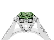 Fancy Green Oval Cut Diamond Halo Ring Set in White gold with Pavé Band and Raised Center Setting