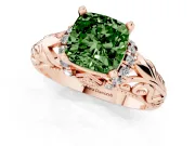 Fancy Green Cushion Cut Diamond Filigree Halo Engagement Ring Set in Rose gold with Prong Setting