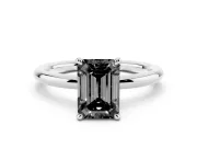 Fancy Black Emerald Cut Diamond Solitaire Ring Set in White gold with Thin Band and Prong Setting