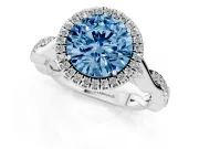 Round Halo Engagement Ring Setting for a Fancy Blue Lab-Grown Diamond | Pavé Twist Band | White Gold