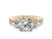 Three-Stone Cushion Cut Diamond Pavé Band Ring Set in Yellow gold with Prong Setting
