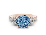 Fancy Blue Three-Stone Round Cut Diamond Pavé Band Ring Set in Rose gold with Prong-Set Trio