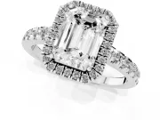Emerald Cut Diamond Halo Ring Set in White gold with Delicate Pavé Band and Prong Setting