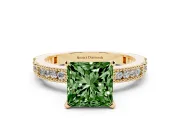 Fancy Green Princess Cut Diamond Solitaire Ring Set in Yellow gold with Slim Pavé Band and Prong Setting