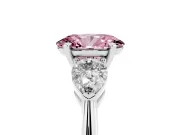 Fancy Pink Three-Stone Oval Cut Diamond Ring Set in Silver with Pear Side Stones and Prong Setting