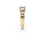 Asscher Cut Diamond Three-Stone Ring Set in Yellow gold with Round Side Stones and Classic Band