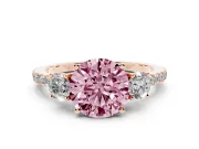 Round Three Stone Engagement Ring Setting for a Fancy Pink Lab-Grown Diamond | Pave Shoulders | Rose Gold
