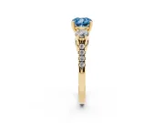 Fancy Blue Three-Stone Cushion Cut Diamond Pavé Band Ring Set in Yellow gold with Prong-Set Trio
