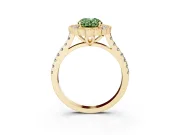 Fancy Green Oval Cut Diamond Milgrain Floral Halo Engagement Ring Set in Yellow gold with Pavé Band