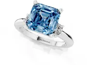 Asscher Cut Three Stone Engagement Ring Setting for a Fancy Blue Lab-Grown Diamond | Round Side Stones | Platinum