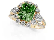 Fancy Green Radiant Cut Diamond Halo Split Shank Engagement Ring Set in Yellow gold with Prong-Held Center Stone