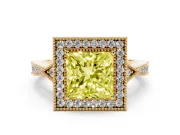 Fancy Yellow Princess Cut Diamond Halo Engagement Ring Set in Yellow gold with Milgrain Pavé Band