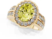 Oval Scalloped Halo Engagement Ring Setting for a Fancy Yellow Lab-Grown Diamond | Double Row Band | Yellow Gold