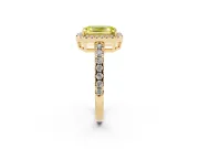 Fancy Yellow Emerald Cut Diamond Halo Ring Set in Yellow gold with Delicate Pavé Band and Prong Setting