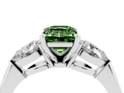 Fancy Green Three-Stone Emerald Cut Diamond Ring Set in White gold with Pear Side Stones and Prong Setting