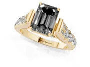 Fancy Black Emerald Cut Diamond Classic Solitaire Ring Set in Yellow gold with Pavé Band and Prong Setting