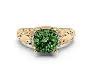 Fancy Green Cushion Cut Diamond Filigree Halo Engagement Ring Set in Yellow gold with Prong Setting
